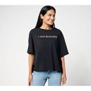 Peace Love World Women's Top Sz S Boheme Sueded Cotton Graphic Tee Black A693603